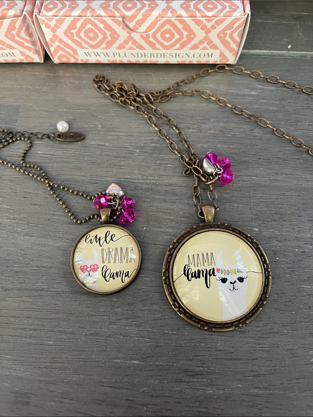Plunder Brass Mama Llama and Little Drama Llama Necklaces with Pink Accents